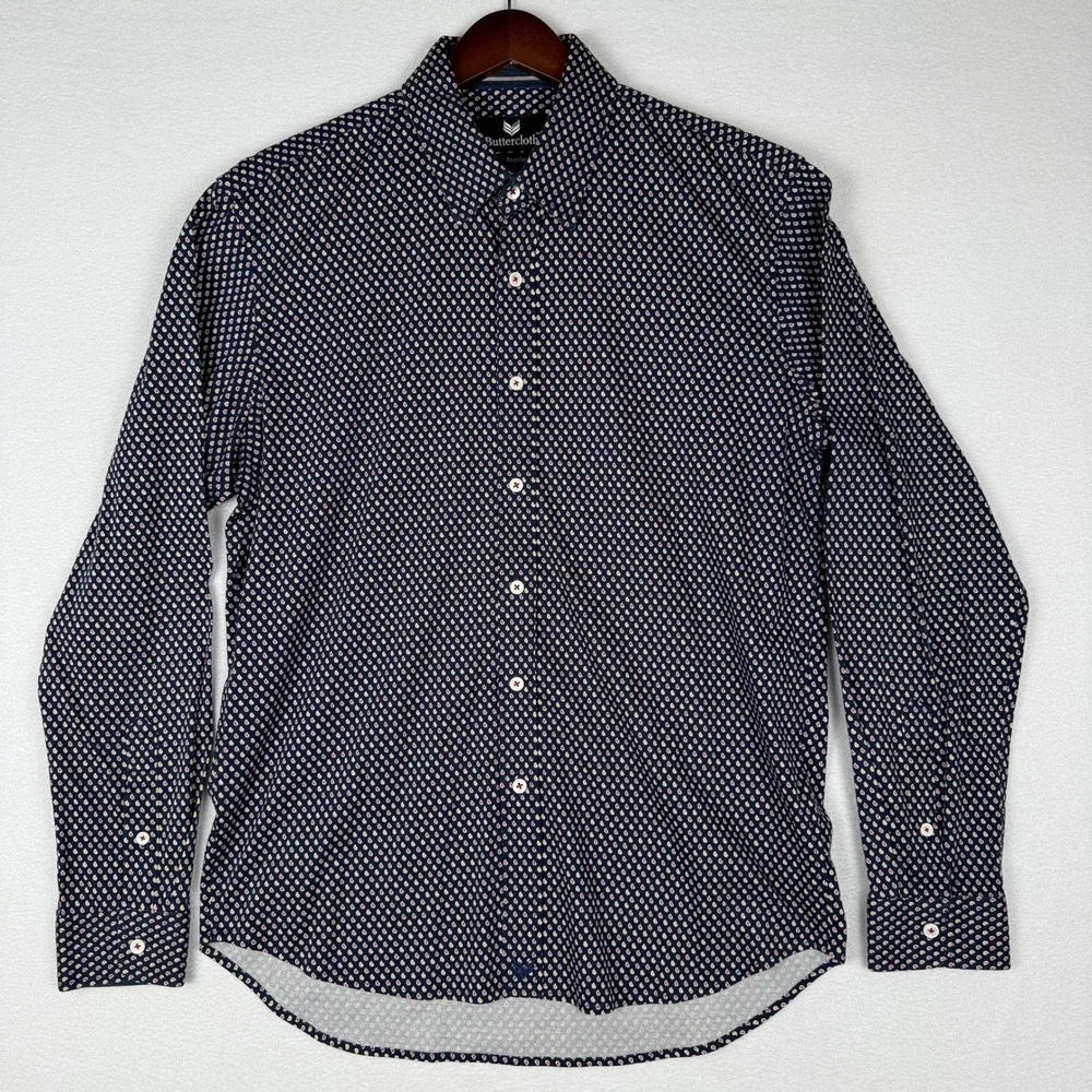 Buttercloth Mens L Navy Blue Paisley Print AOP Long Sleeve Button‎ Up Shirt